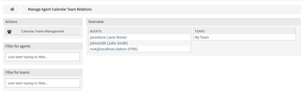 Manage Agent-Calendar Team Relations Screen