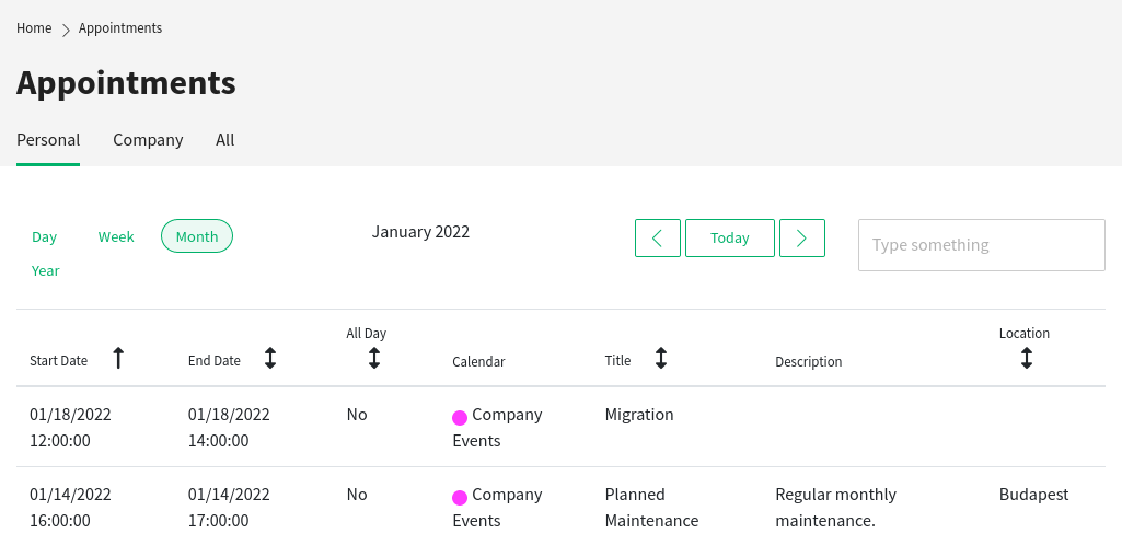 Ansicht "Termine" im externen Interface