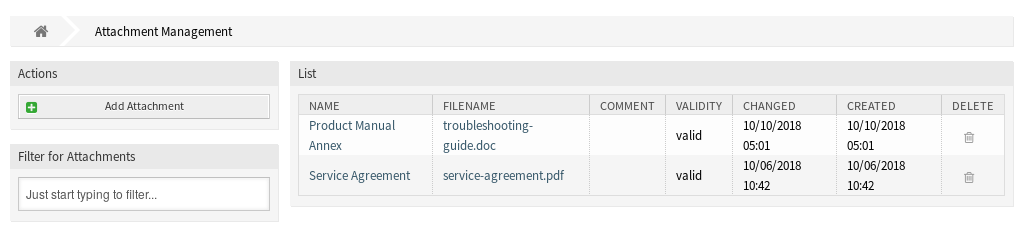 Attachment Management Screen