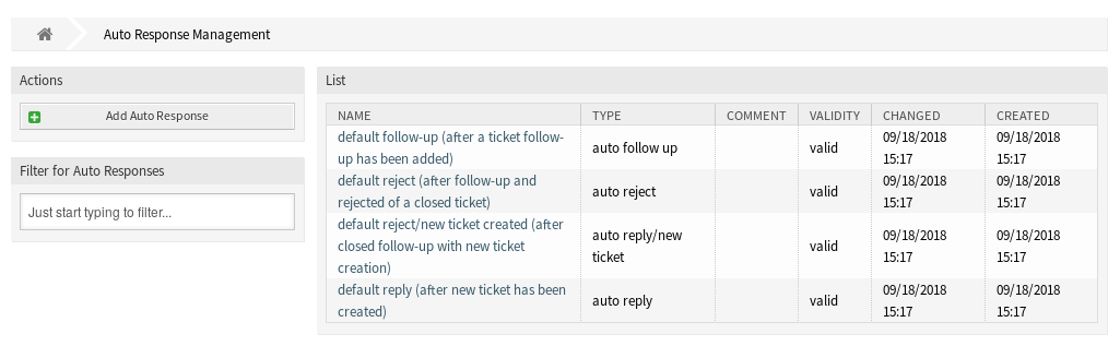 Auto Response Management Screen