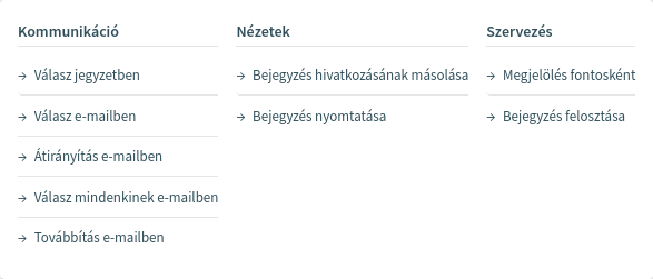 Bejegyzés részletes nézetének műveletei