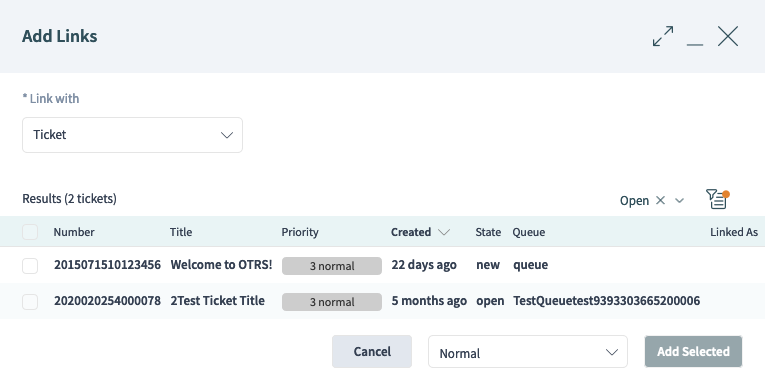 Ein Beispiel für die Aktion *Objekte verknüpfen* in der Ticket-Detailansicht