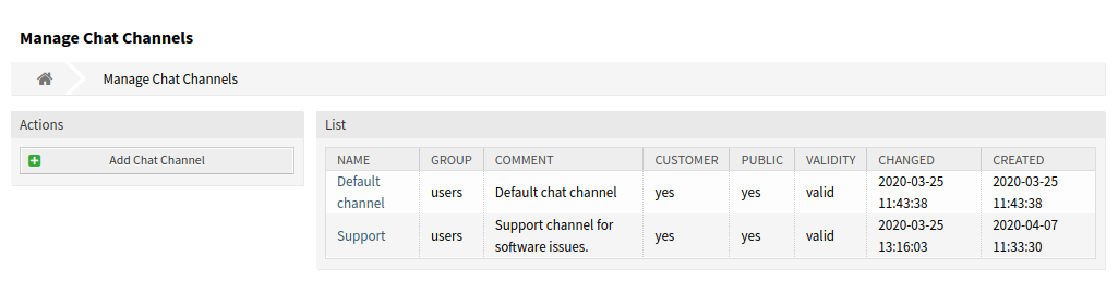 Chat Channel Management Screen