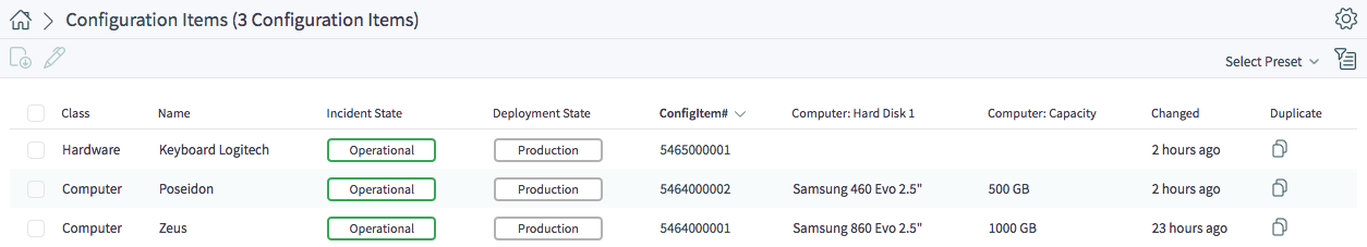 Configuration Item Übersicht mit klassenspezifischen Spalten