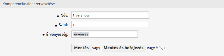Kompetenciaszint szerkesztése képernyő