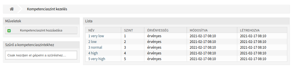 Kompetenciaszint kezelése képernyő