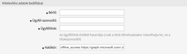 Microsoft Graph App hitelesítési adatok beállításai képernyő