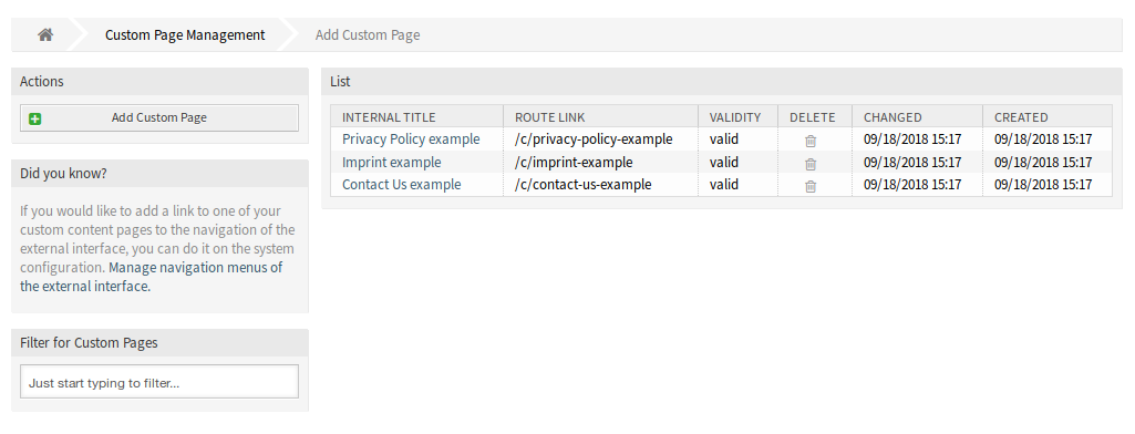 Custom Page Management Screen