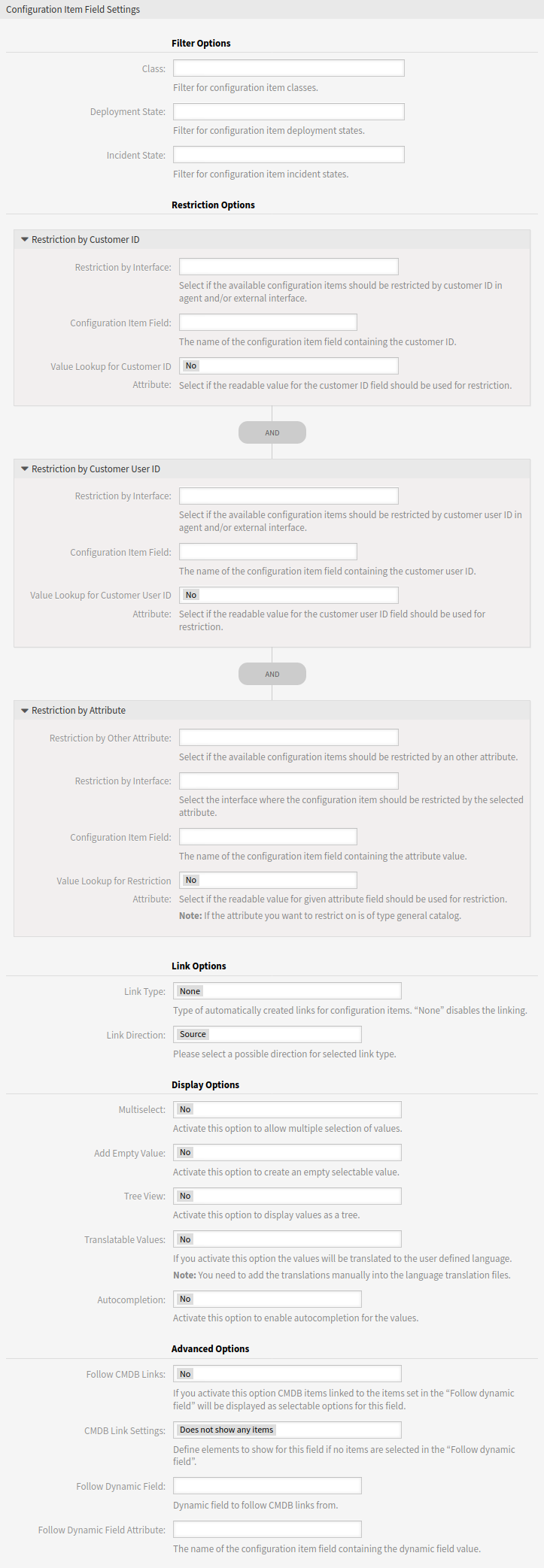 Einstellungen für dynamisches Felder vom Typ „Configuration Item”