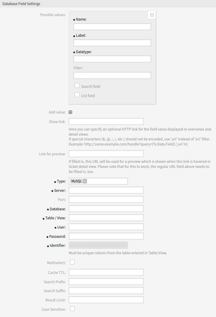 Database Dynamic Field Settings