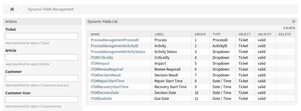 Dynamic Field Management Screen