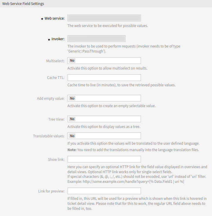 Web Service Dynamic Field Settings