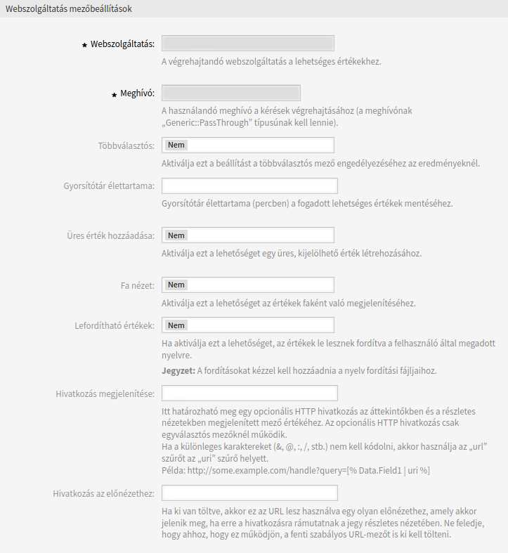 Webszolgáltatás dinamikus mező beállításai