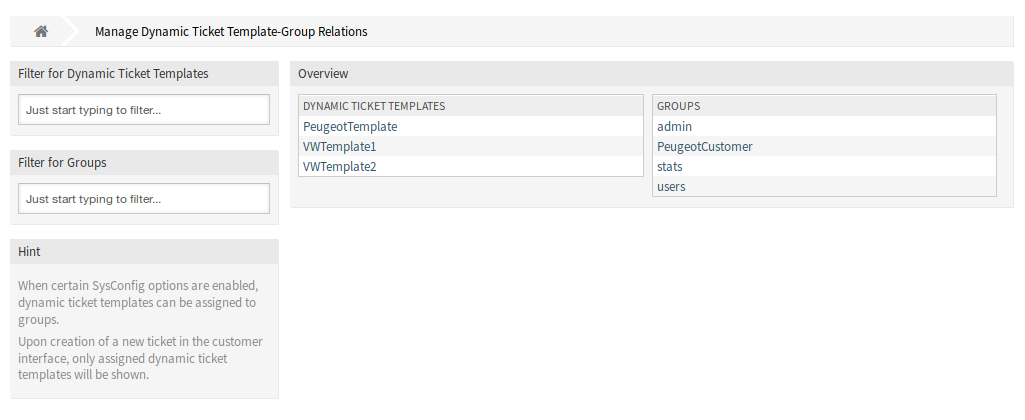 Beziehungen zwischen dynamischen Ticket-Vorlagen und Gruppen verwalten