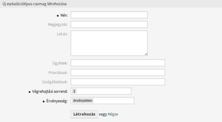 Új eszkalációtípus-csomag létrehozása képernyő