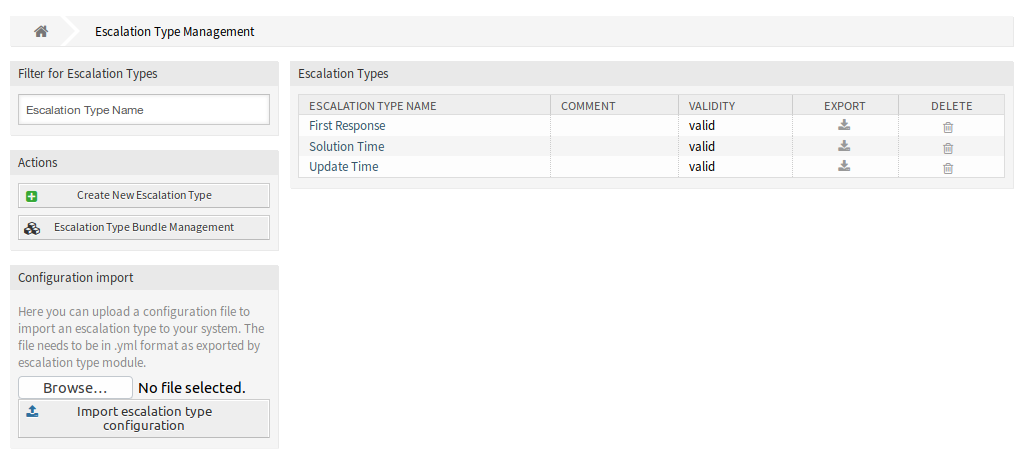 Escalation Type Management Screen