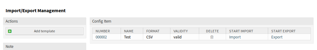 Import/Export Template Management Screen