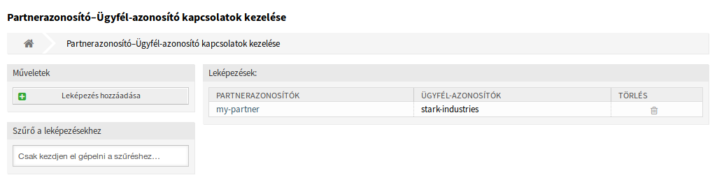 Partnerazonosító–Ügyfél-azonosító kapcsolatok kezelése képernyő