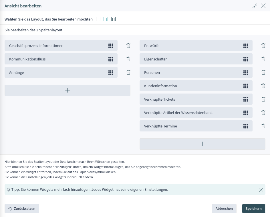 Ansichtskonfiguration für zweispaltiges Layout