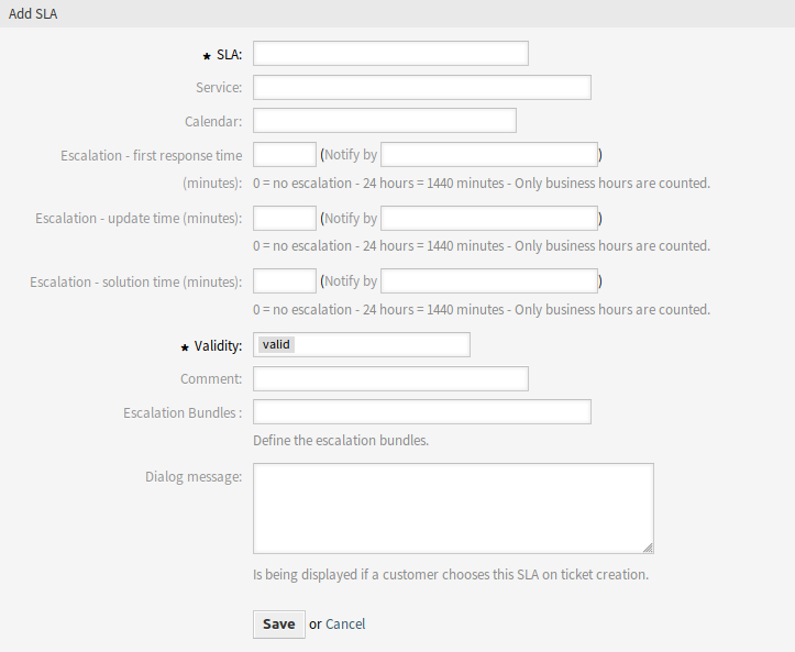 Add Service Level Agreement Screen