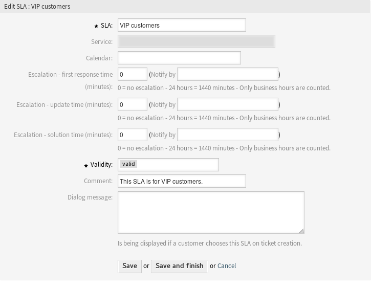 Edit Service Level Agreement Screen