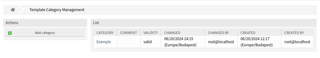 Template Category Management Screen