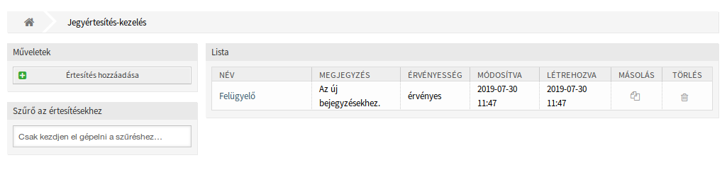 Jegyértesítés-kezelés képernyő