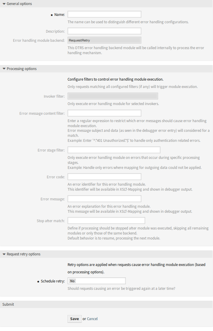 Web Service Settings - OTRS als Provider - Fehlerbehandlungs-Modul