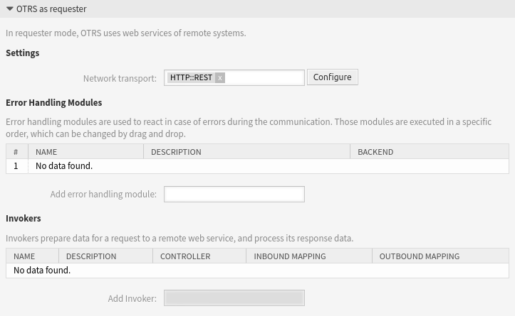 Webs Service-Einstellungen - OTRS als Requester