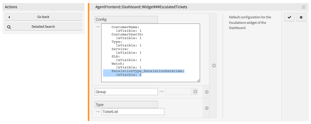 Hinzufügen der Spalte für erweiterte Eskalationen zur Konfiguration des Widgets *Eskalationen*